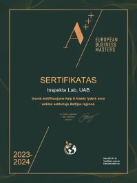 Sertifikatas “Įmonė sertifikuojama kaip A klasės lyderė savo veiklos sektoriuje Baltijos regione”.