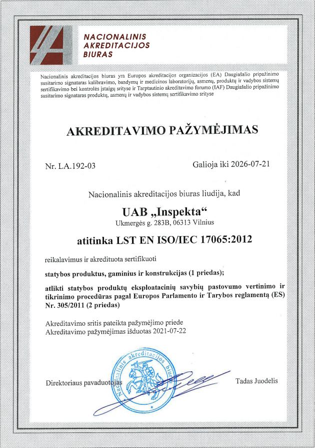 Inspekta tapo akredituota įstaiga atlikti statybos produktų sertifikavimą pagal Europos Parlamento ir Tarybos reglamentą Nr. 305/2011 bei STR 1.01.04:2015